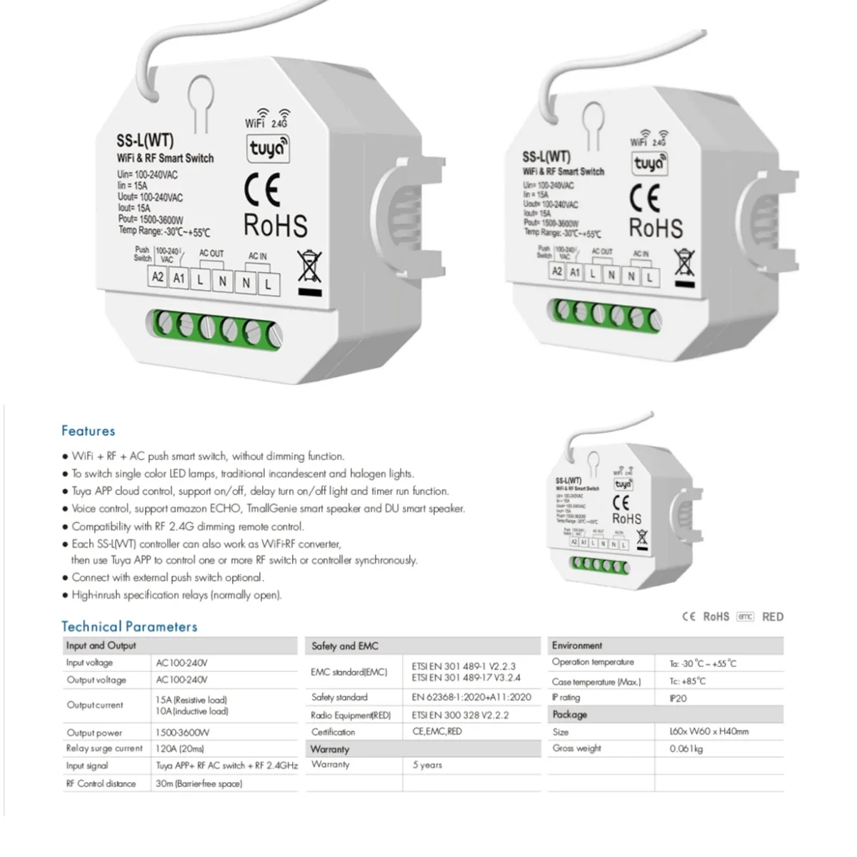 

New 100-240VAC WiFi & RF Push Smart Switch SS-L(WT) 1CH*15A Tuya App/ RF 2.4G Remote or Voice Control for Single Color LED Lamps