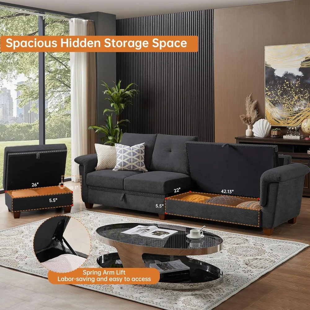 

110" Convertible L-Shaped Sectional Sofa – 4-Seat Couch with Ottoman, Large Storage & Cup Holders, Multi-Functional Couches