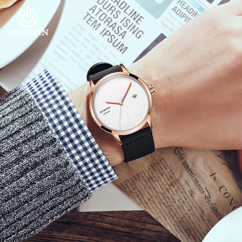 

OCHSTIN Мужские наручные часы с механическим механизмом и одинарным календарем, минималистичные, модные, классические, водонепроницаемые, с нейлоновым ремешком