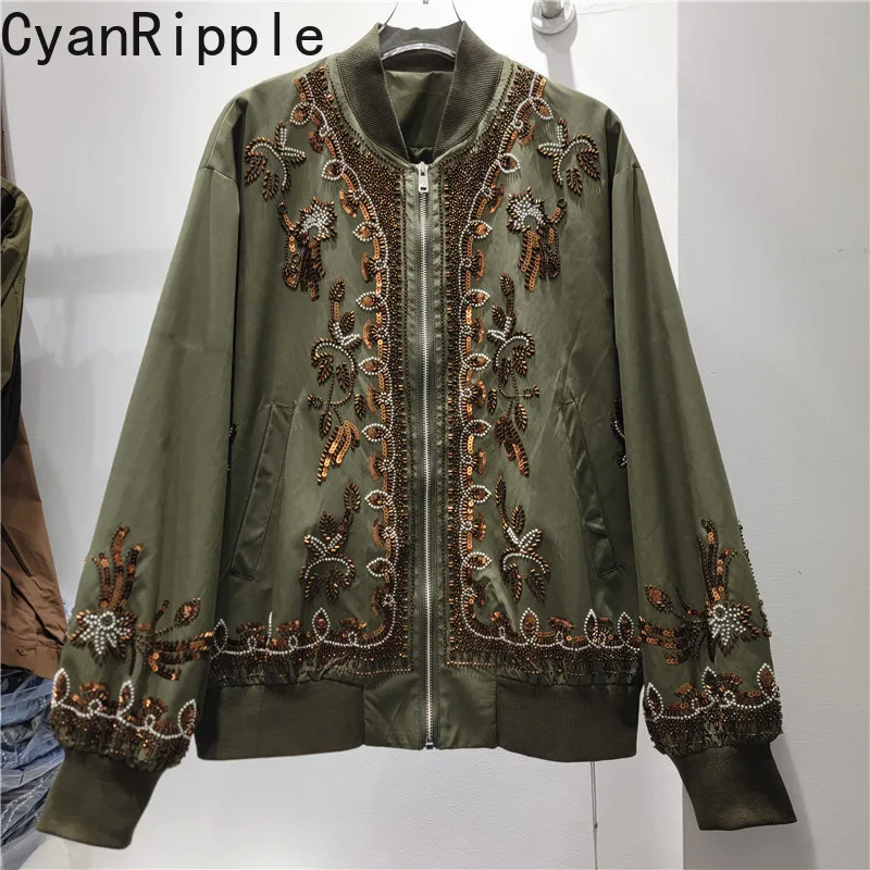 2026 New Spring Autumn Vintage Stand Collar Bomber Jacket High Quality Heavy Embroidery Sequins Beads Long Sleeve Casual Coat