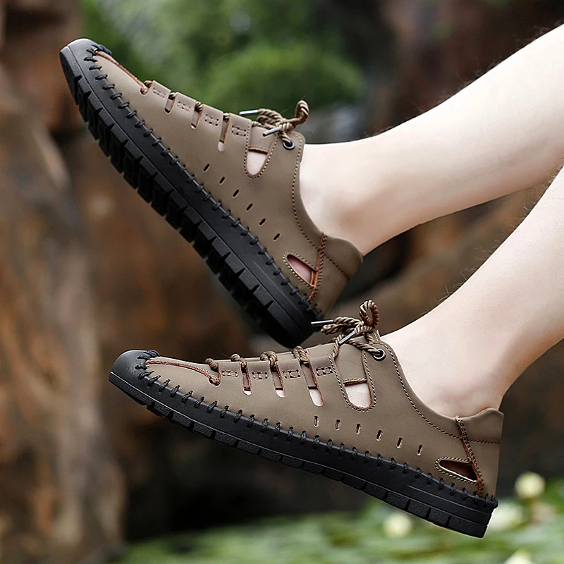 

Summer Men's Sandals Hollow Sandals Roman Outdoor Casual Shoes Non-slip Lightweight Men Shoes PU Leather Sport Sandals New