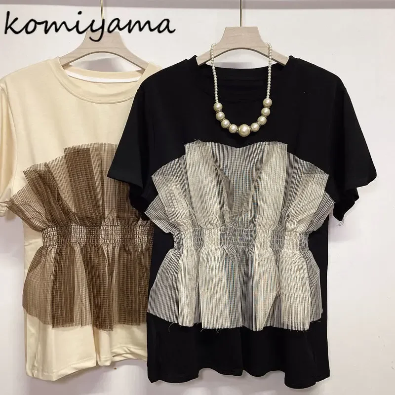 Komiyama Summer Hit Color Fake Two Tees Patchwork Mesh Y2k Tops Round Neck Short Sleeve Ropa Mujer Fashion Causal T Shirt