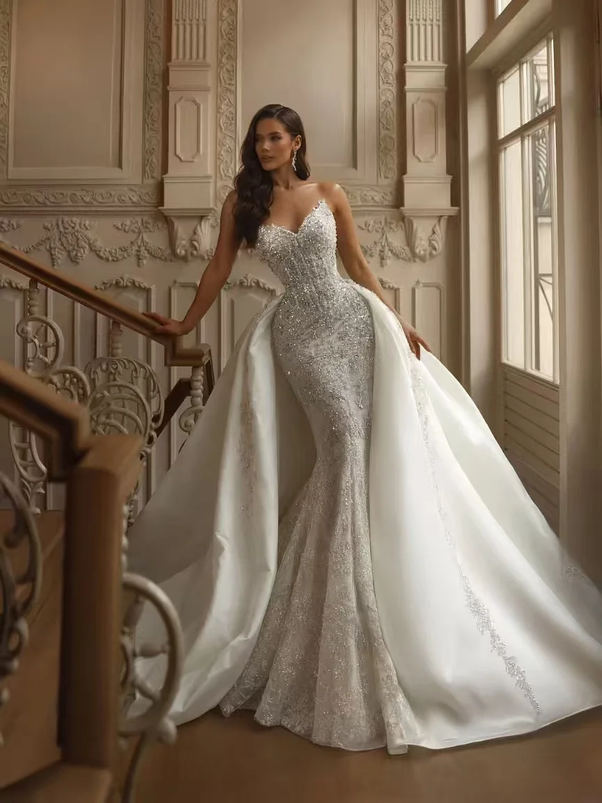 Luxury Sparkly Crystal Beaded Mermaid Wedding Gown Detachable Satin Overskirt Chapel Train Sweetheart Bridal Dress
