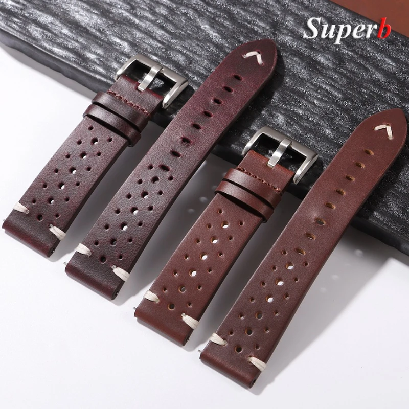 النفط الشمع جلد البقر جلد طبيعي حزام (استيك) ساعة 20 مللي متر 22 مللي متر اليدوية الرجعية حزام الصلبة الصلب أبازيم للرجال النساء تنفس سوار