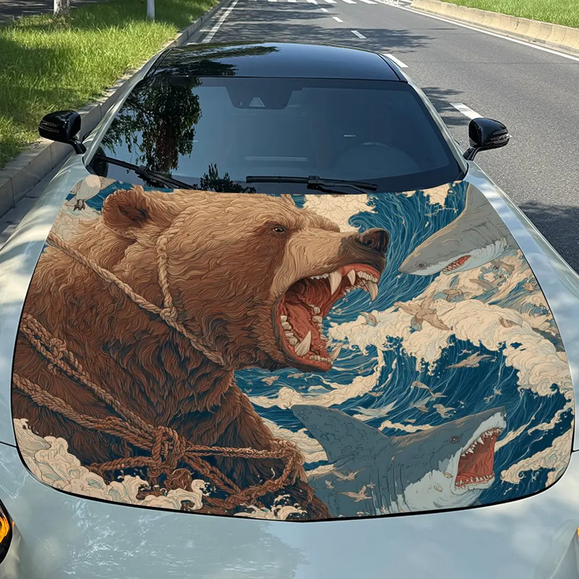 Brown Bear And Shark Car Hood Decal, Durable Car Vinyl Packaging Suitable For Most Vehicles, Car Hood Protective Film