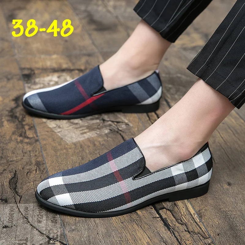 Oversized 48 fashion plaid hair stylist men's British pointed trend casual shoes slip-on mercerized canvas loafers A19