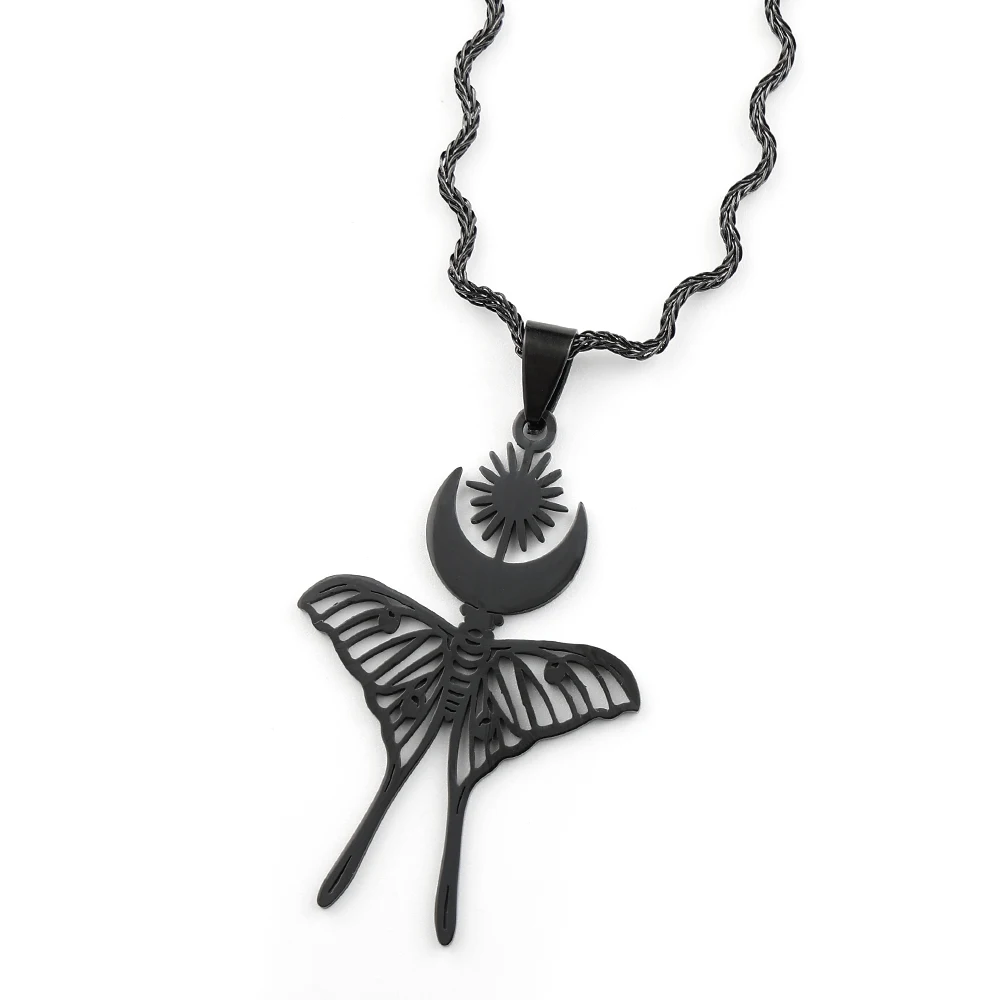 Witchcraft Gothic Black Moth Sun Crescent Moon Pendant Necklace for Women Men Stainless Steel Hollow Choker Chain Jewelry Gift