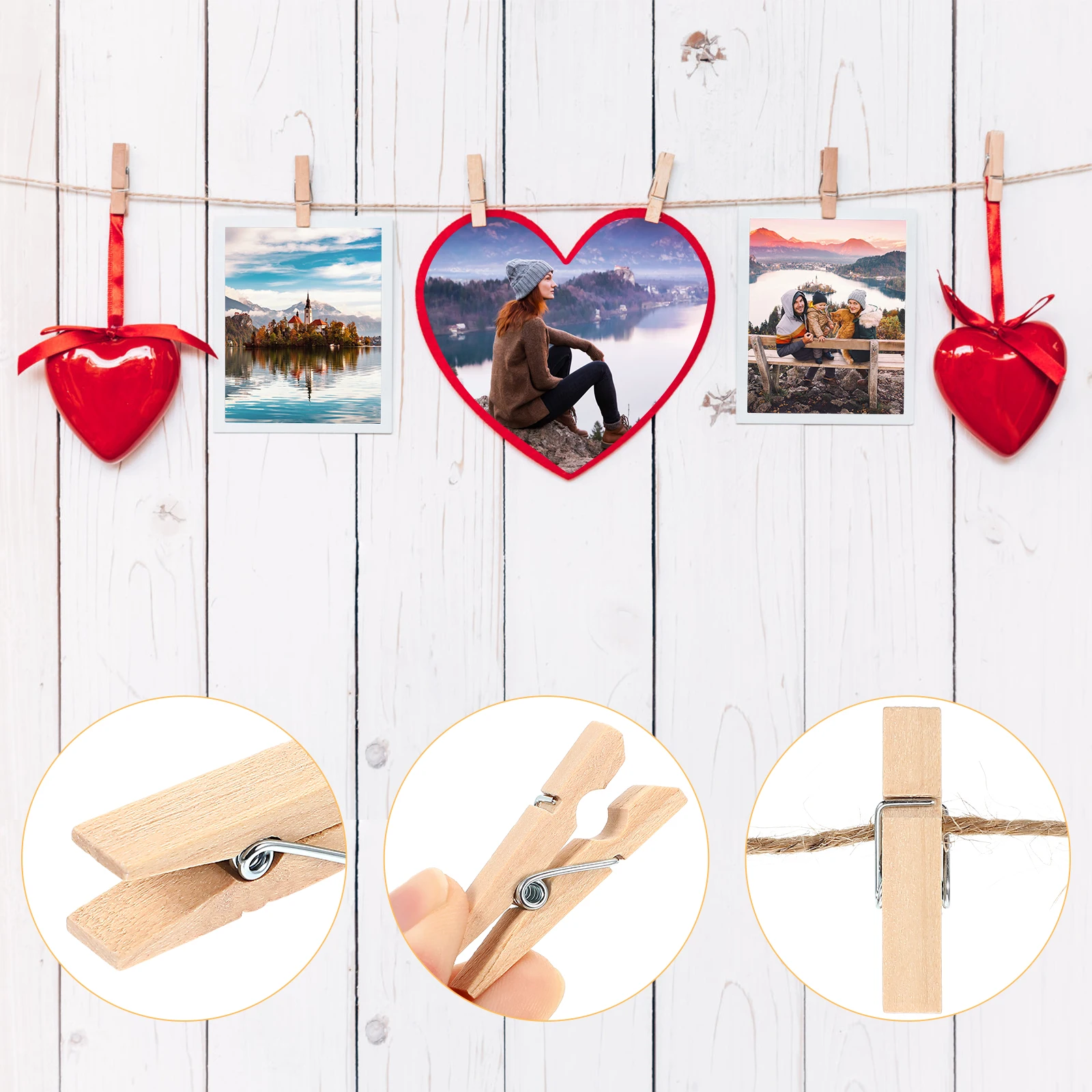 

100pcs Photo Clamps Wooden Clips Natural Rope 100m DIY Picture Wall Decor Home Office Coffee Shop Hotel Bedroom Living Room