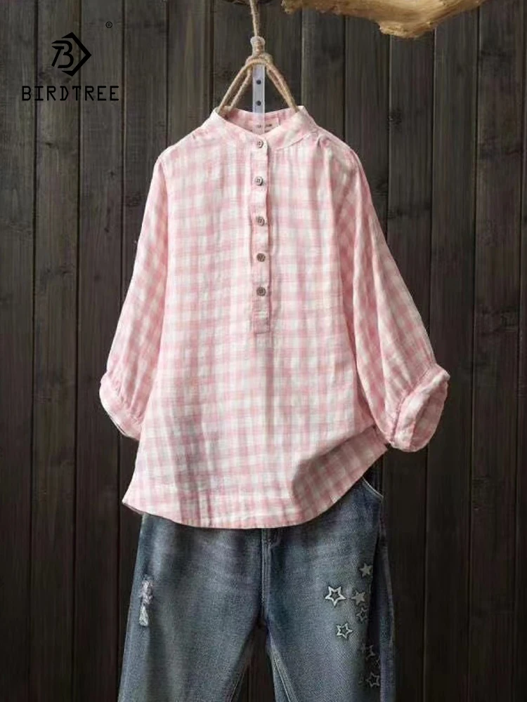 New Summer Cotton Yarn Casual Shirt Women Stand 3/4 Sleeve Plaid Tops Girl Loose Commute Fashion Blouses 2024 Autumn T45836QC