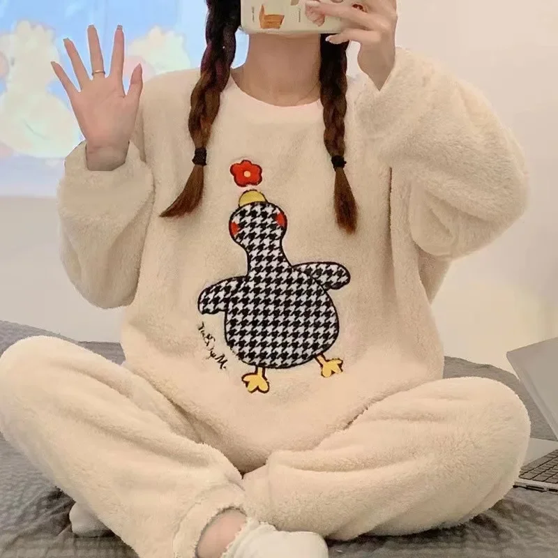 New Cartoon Print Velvet Autumn Winter Long-sleeved Pajamas Girl Flannel Cartoon Loungewear Suit Velvet Pajamas