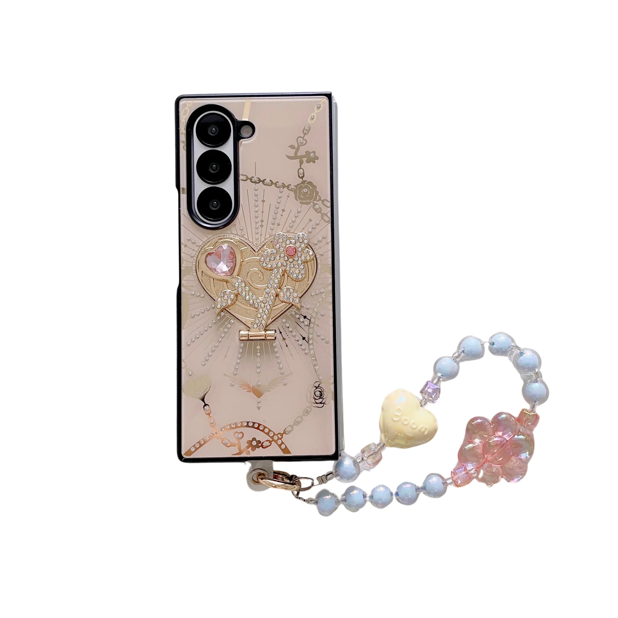 For Samsung Galaxy Z Fold 4 5 6 Luxury Shiny Glitter Rhinestone heart Holder Crystal Chain Strap Phone Case Cover image 5