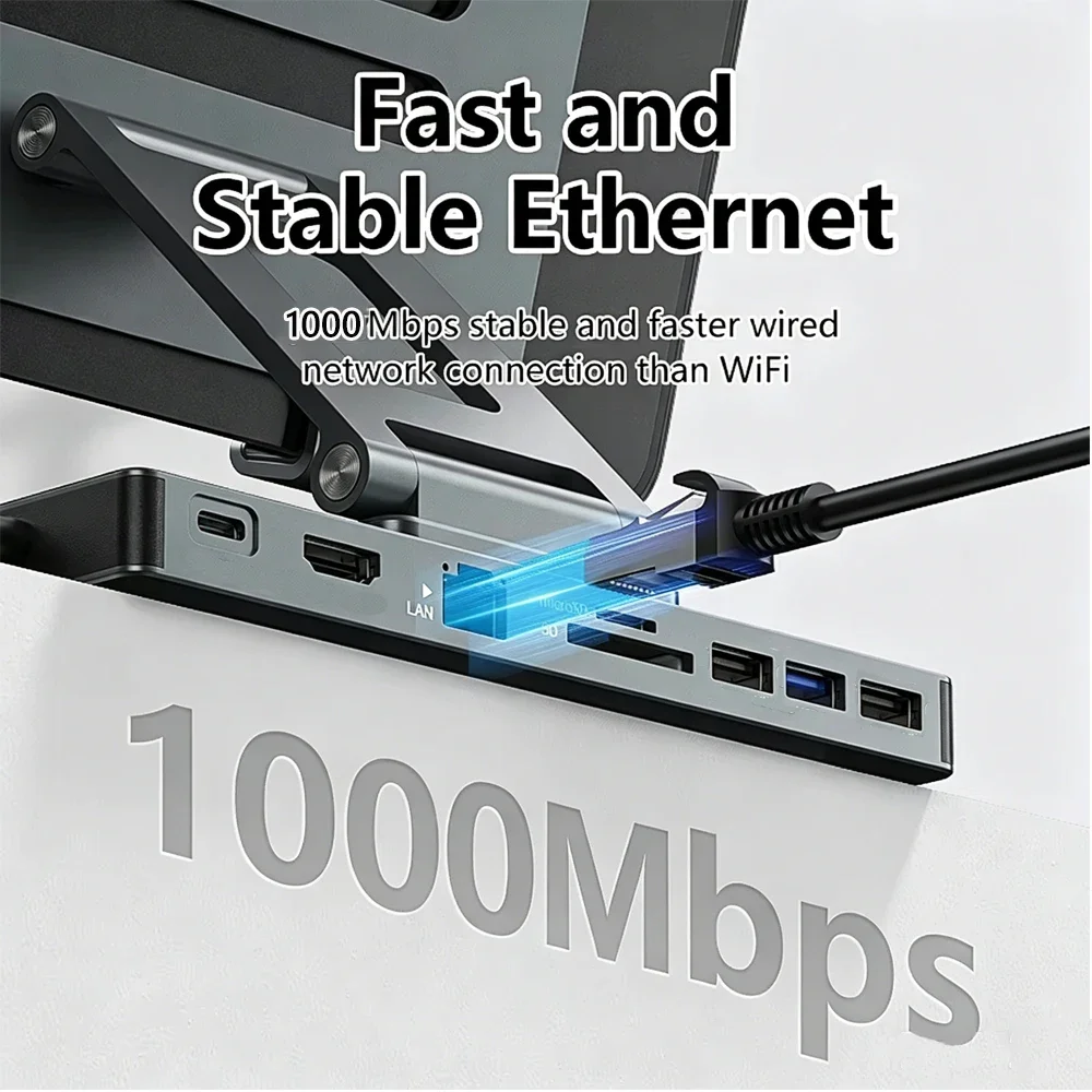 KEBIDUMEI 9 in 1 USB C Hub Foldable Docking Station Type-C to Gigabit RJ45 HDTV 4K PD100W Stand Computer Accessories For Laptop