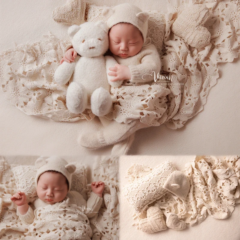 Cute Baby Bear Photography Props Knitted Hat Long-Sleeved Outfit Ins Style Hollow Wrapped Pillow Infant Studio Photo Accessories