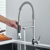 Black/Silver Kitchen Faucet with Pull-Down Sprayer, Deck Mount Hot and Cold Water Mixer Faucet, Dual Spout Faucet, Crane