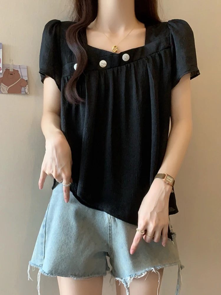 Summer Short Sleeve Shirt Women's plus Size Frock Folded Belly Hollow Back Top Asymmetrical Korean Style Commute Creative Pat...