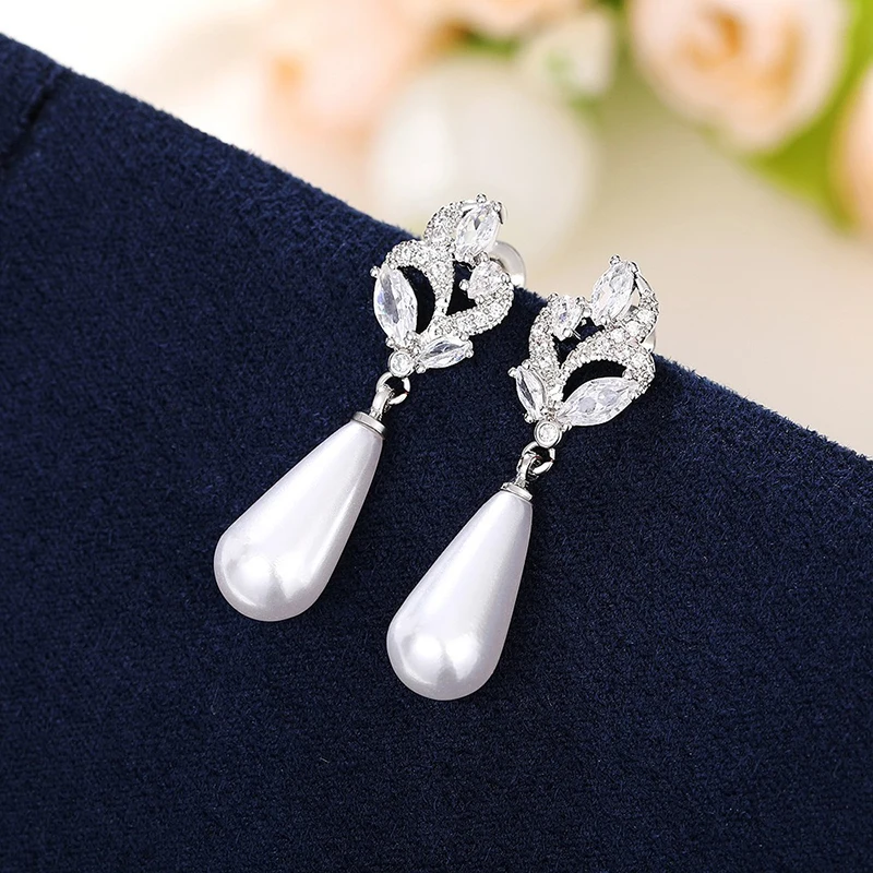 Huitan Aesthetic Imitation Pearl Dangle Earrings for Women Brilliant Cubic Zircon Luxury Female Wedding Earrings Fashion Jewelry