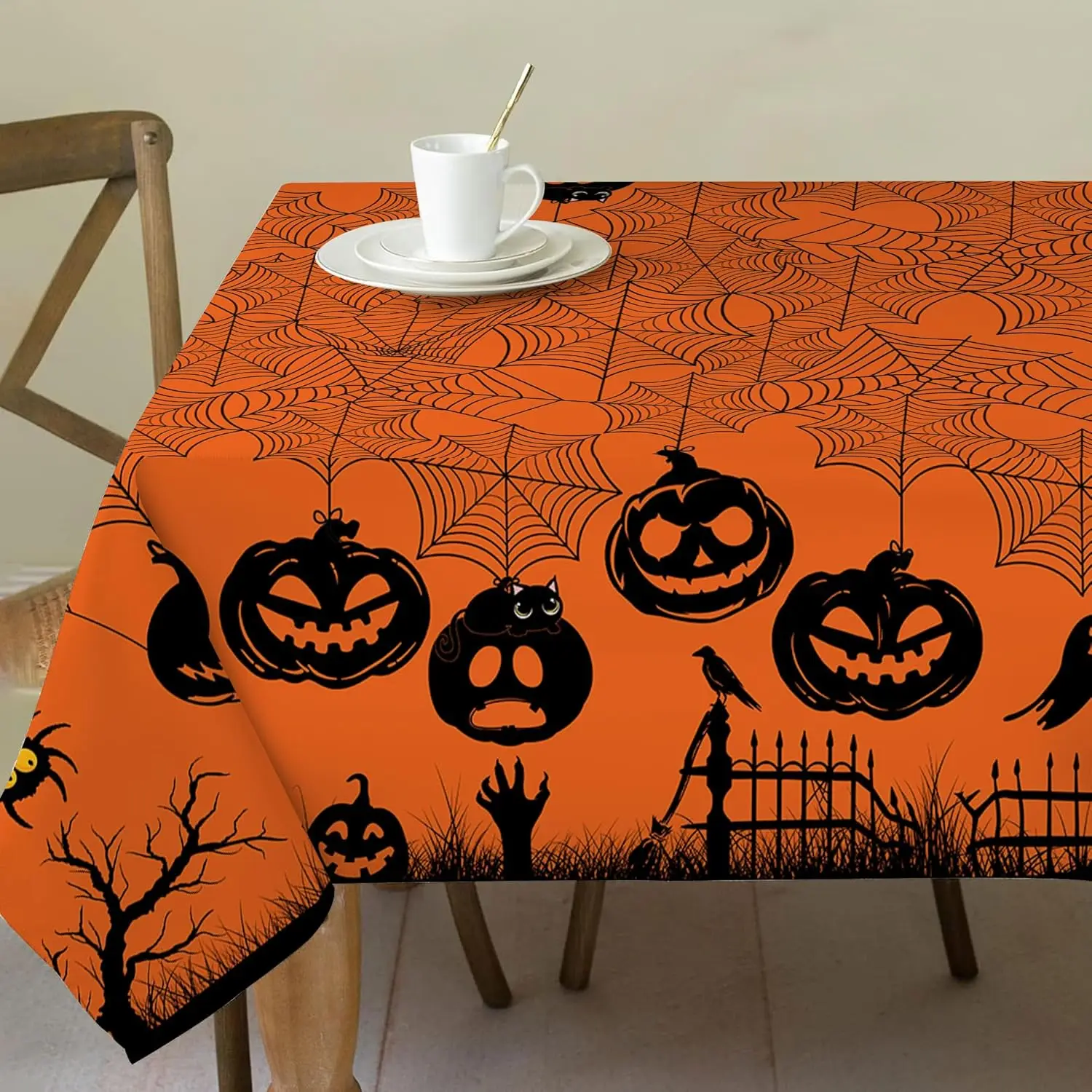 Halloween Water Resistant Spider Web Rectangle Tablecloth Dining Room Decor Durable Table Cover Halloween Party Decorations