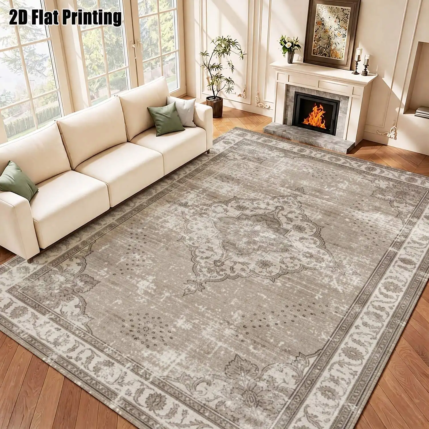 1Pc 2D Printed Retro Gray Geometric Carpet: Vintage European Style, Home Decor, Multi-Size, Machine Washable, Suitable for Entrance, Living Room, Bedroom, Dining Room, Foyer as Mat/Carpet