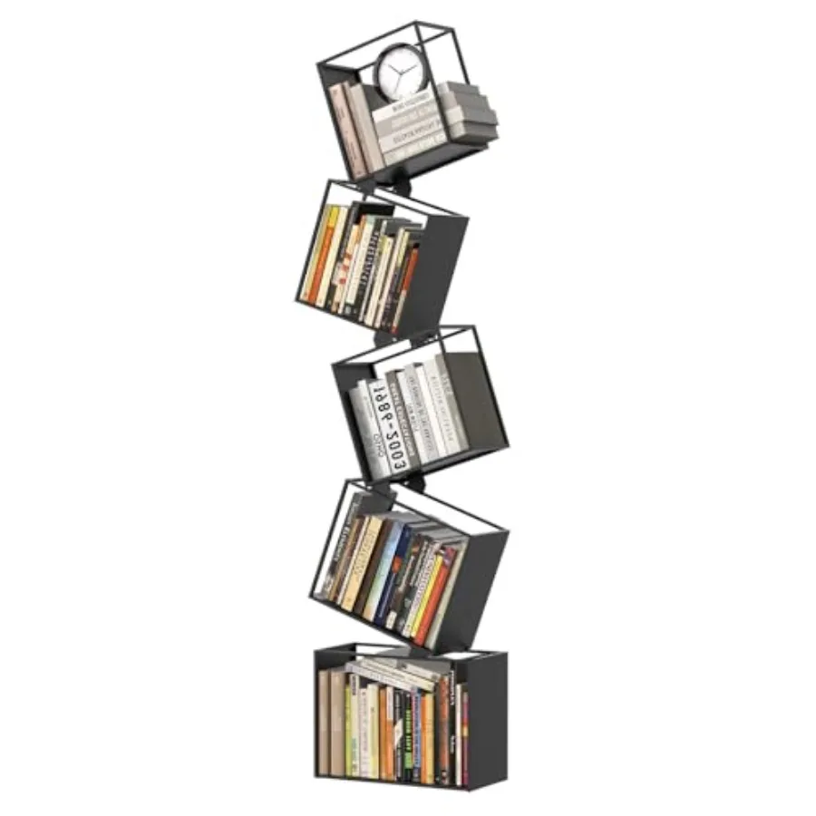 

5-Tier Metal Geometric Bookshelf Modern Narrow Floor Bookcase Space-Saving Organizer for Living Room Bedroom Office Corner Blac