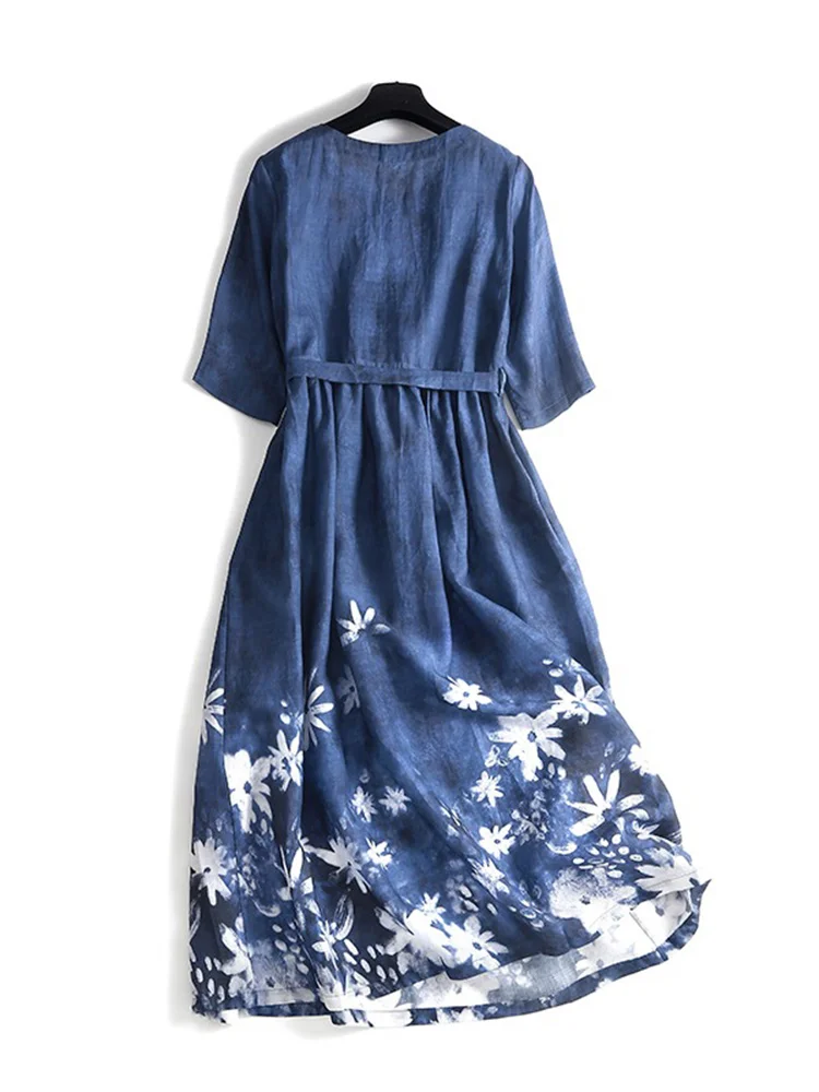 Artistieke print linnen lange Svel Dr dames casual zomerjurk met riem ronde Ne losse taille A-lijn rok