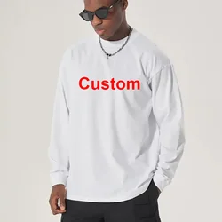 LOGO DIY niestandardowa jesienna koszulka z długimi rękawami 300GSM 100% z bawełny dla koszula męska z okrągłym dekoltem białe topy Oversized męska