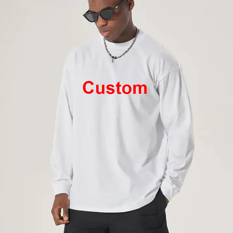 DIY LOGO Custom 300GSM 100% Cotton Heavyweight Autumn Long Sleeves T Shirt for Men Shirt O-Neck White Tops Oversized Men's