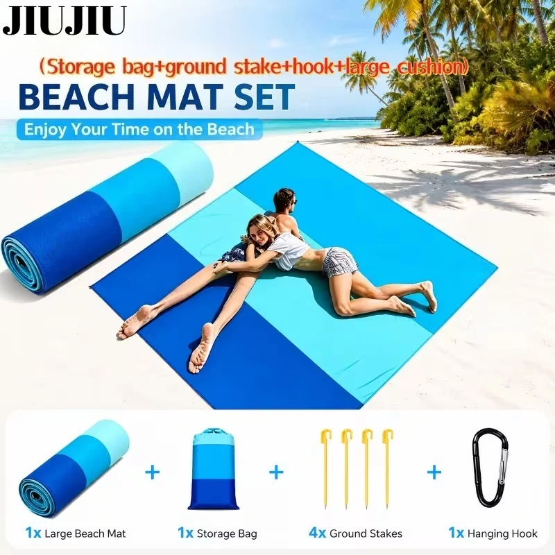 Sandproof Waterproof Beach Blanket Portable Foldable Beach Mat with Stakes Storage Bag Carabiner Outdoor Travel Camp Picnic Pad