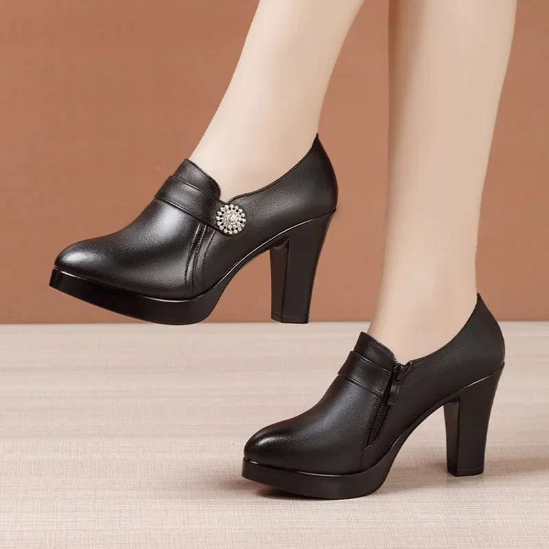 9cm Small Size 32-43 Elegant Deep Mouth Genuine Leather Shoes Thick Bottom Platform Pumps 2024 Fall Block High Heels Shoes Fur