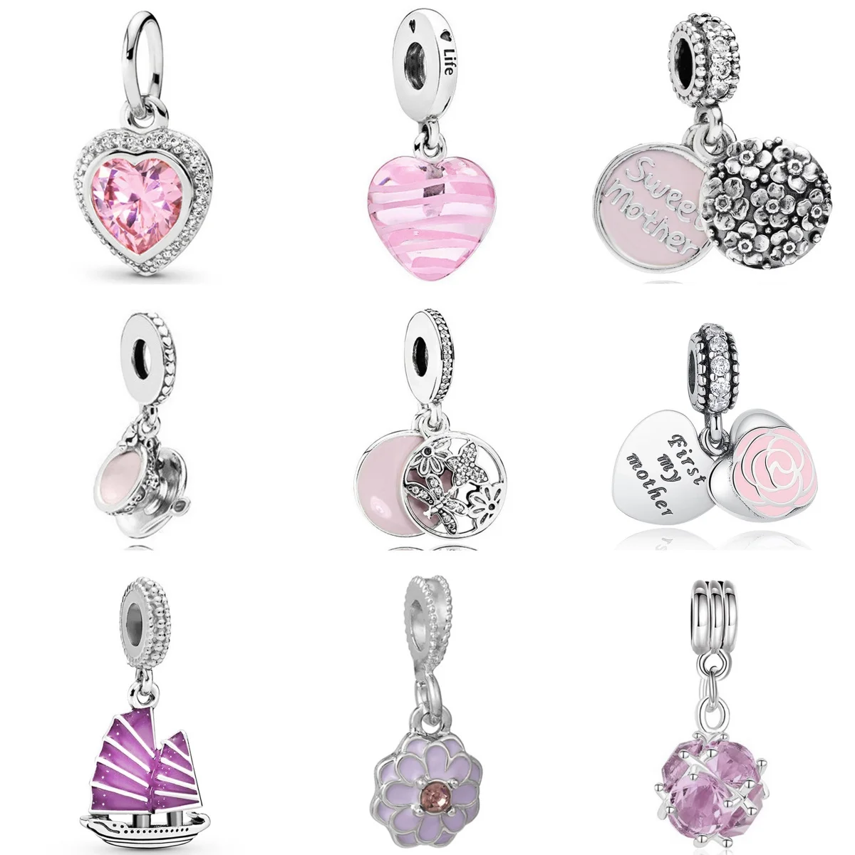 2024 New Silver Plated Pink Heart pendenti Diamond Charm Beads For Fashion bracciale fai da te collana accessori per gioielli regali