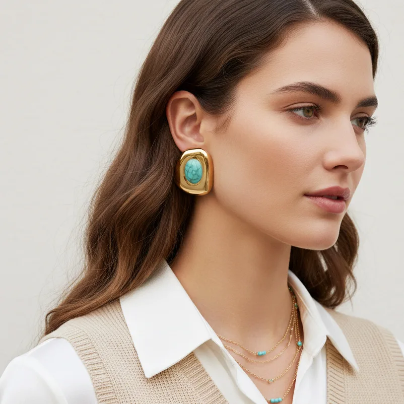 Retro court style irregular geometric metal stud earrings advanced sense imitation turquoise earrings Source
