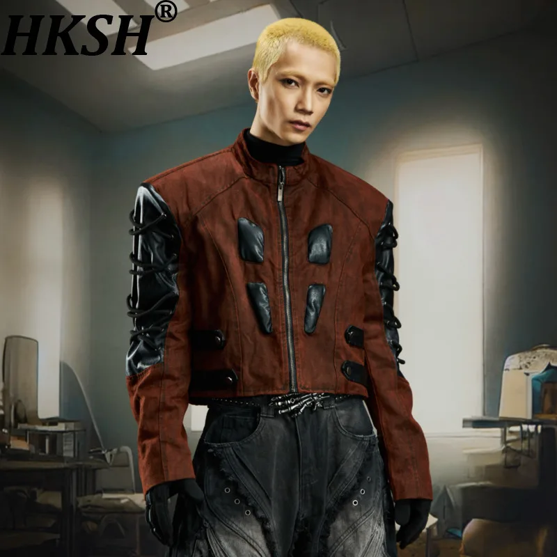 

HKSH Тяжелая трехмерная структура, двойная кожаная строчка, темная кожаная куртка с коротким воротником-стойкой, стеганое пальто, шикарные Ins HK14784