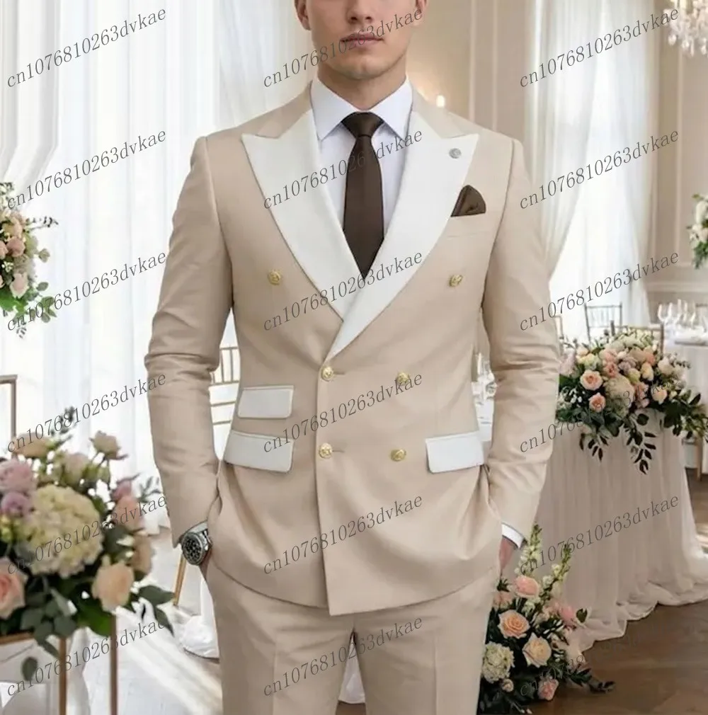 

White And Beige Men Suit Wedding Party Formal Occasion Groom Groomsman Prom Business Male Tuxedos 2 Piece Set Jacket Pants