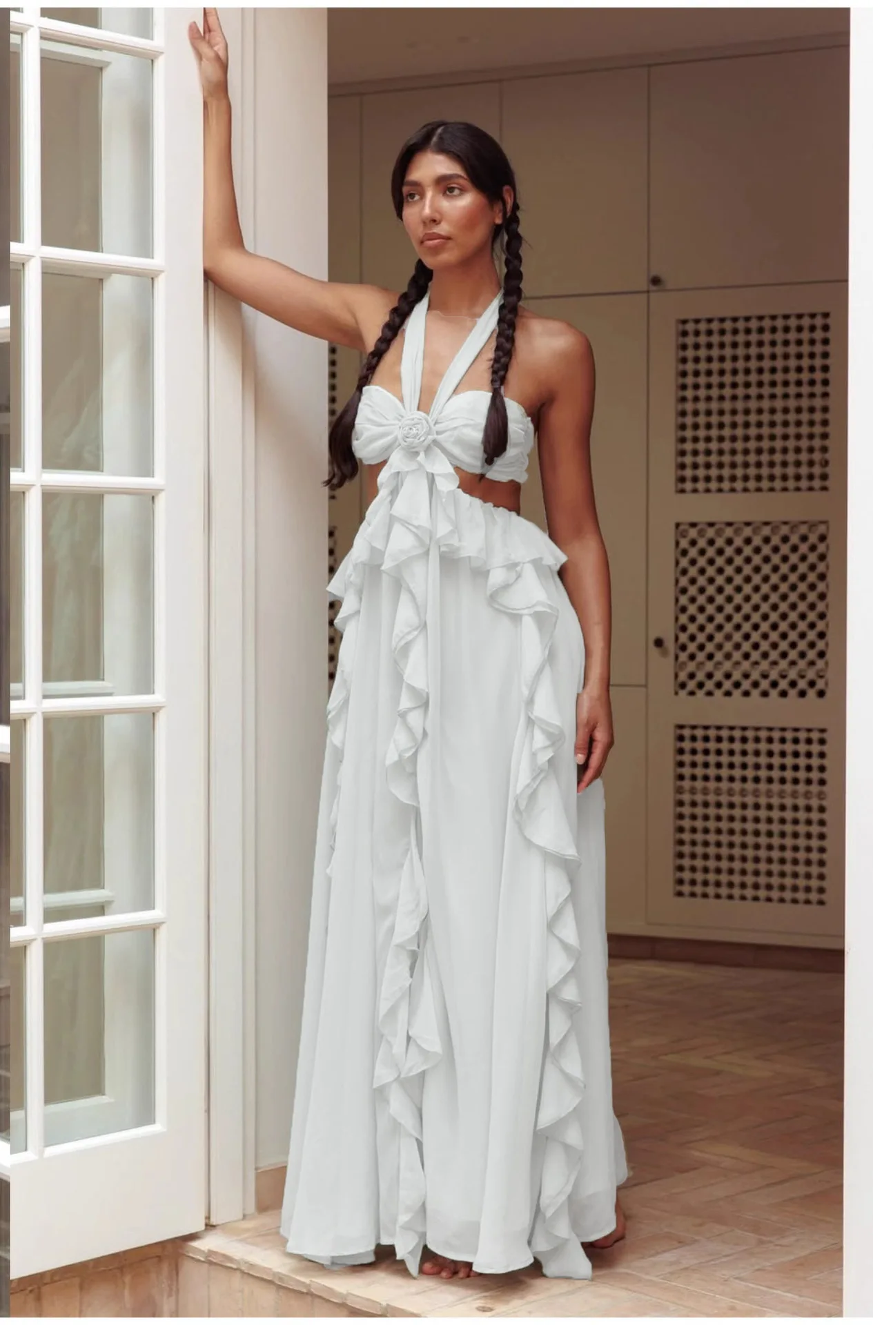 UNI Luxus-Damen-Ballkleid mit Ausschnitt, ärmellos, zum Binden hinten, einfarbig, Rüschen, langes Kleid, Sommer-Partykleid