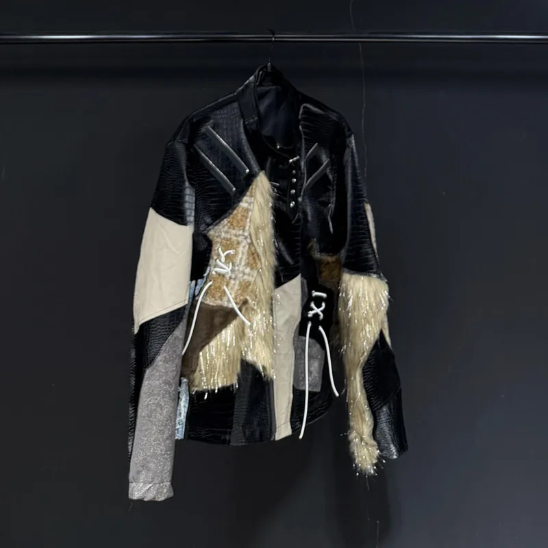 WVGA Autumn Winter New Men American Retro Patchwork Stand Collar Jackets Niche Casual Tassel Zippers Trendy Pattern Coats W17568
