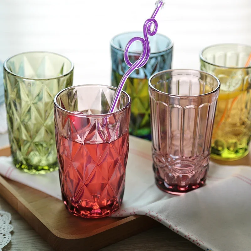 Colorful Glass Cup Retro Relief Water Glass Heat Resistant Lead-free Milk Juice Coffee Mug Creative Drinking Glasses 240/350ml