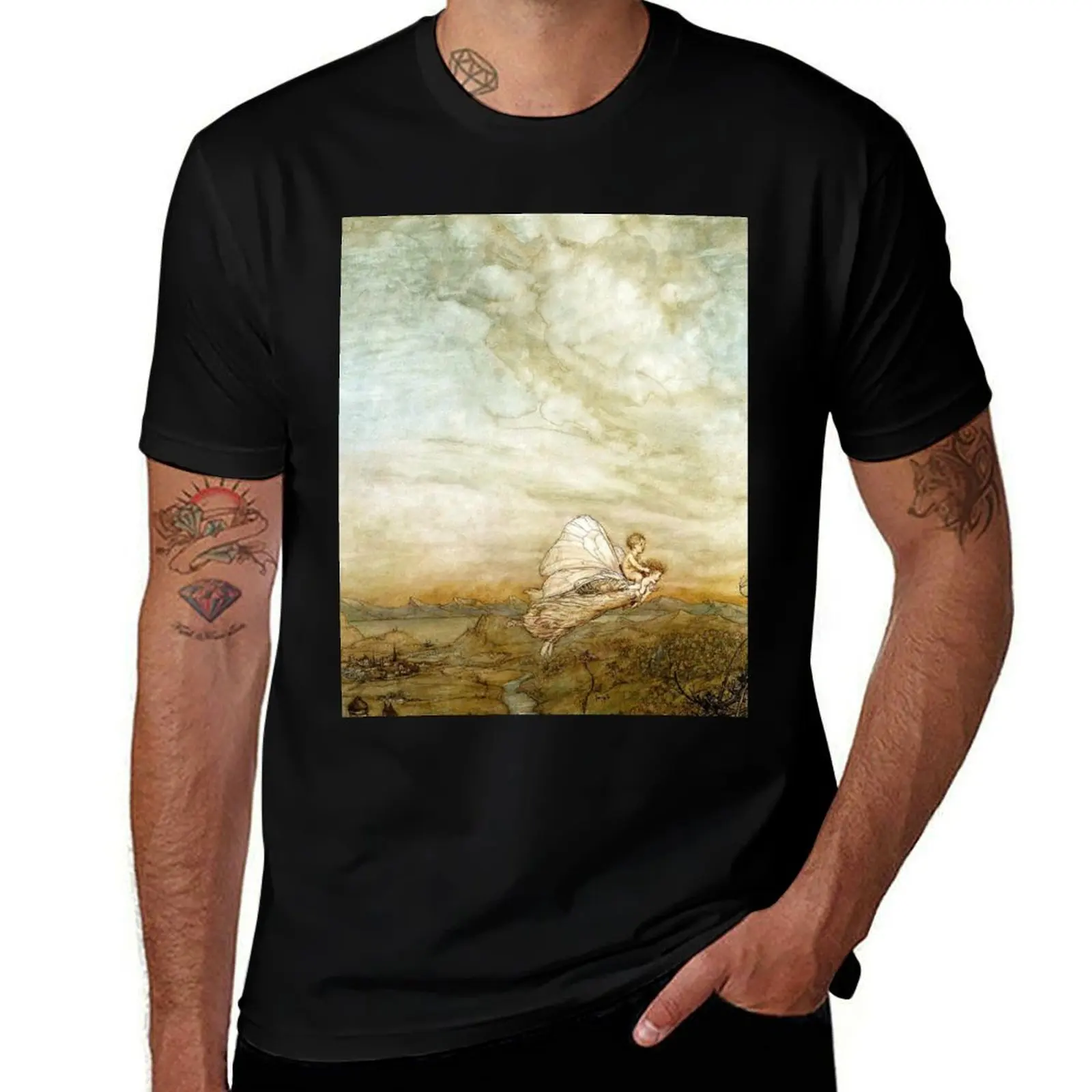 

Fairy Flying with Changeling Child - Midsummer Night's Dream, Arthur Rackham T-Shirt summer tops cute tops cotton t shirt men