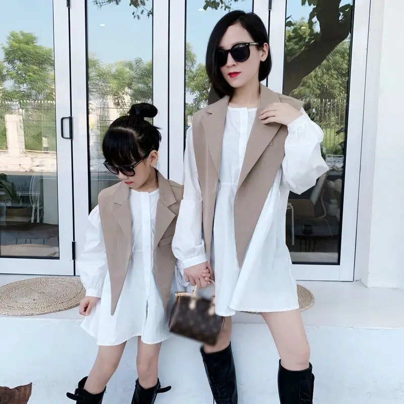 Family Fashion Baby Girl Cotton Shirt Dress+Vest Shawl 2PCS Child Long Blouses Dovetail Suit Spring Autumn Mother Daughter