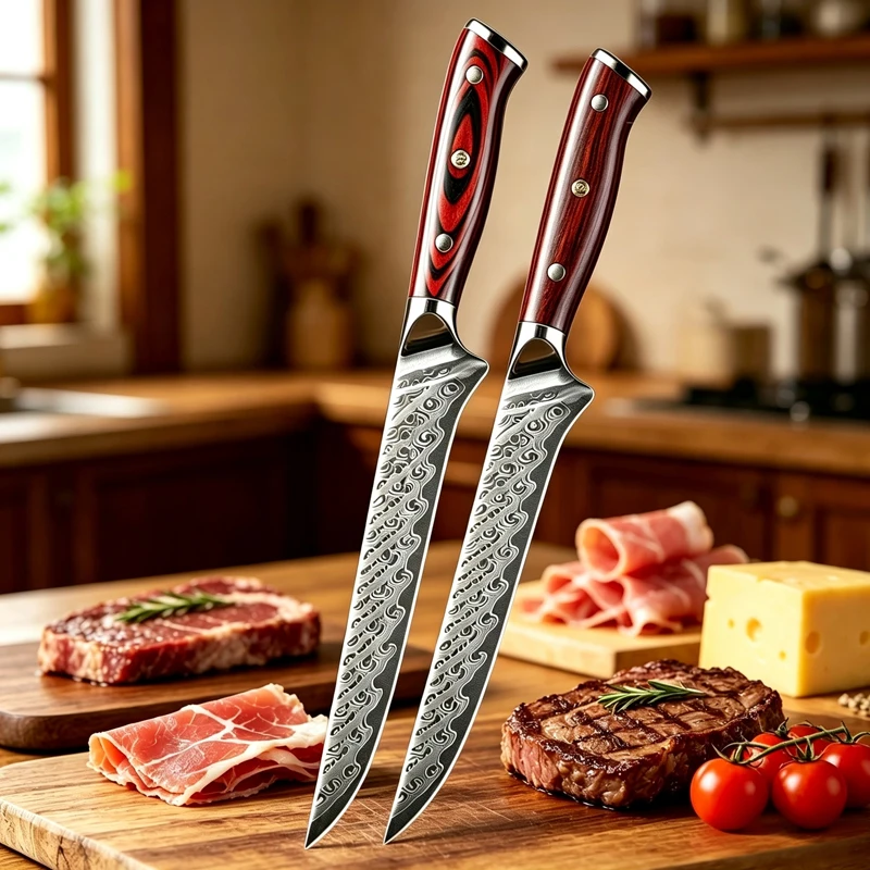 Professionelles 67-lagiges Damaszener-Stahl-Ausbeinmesser, VG10-Kern, handgeschmiedetes scharfes Küchenmesser mit hochwertigem Holzgriff für Fleisch.