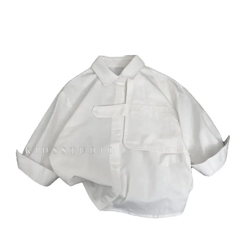 90-140cm Boys' Shirt Spring and Autumn New Style Children's Casual Pure White Long Sleeved Shirt Top