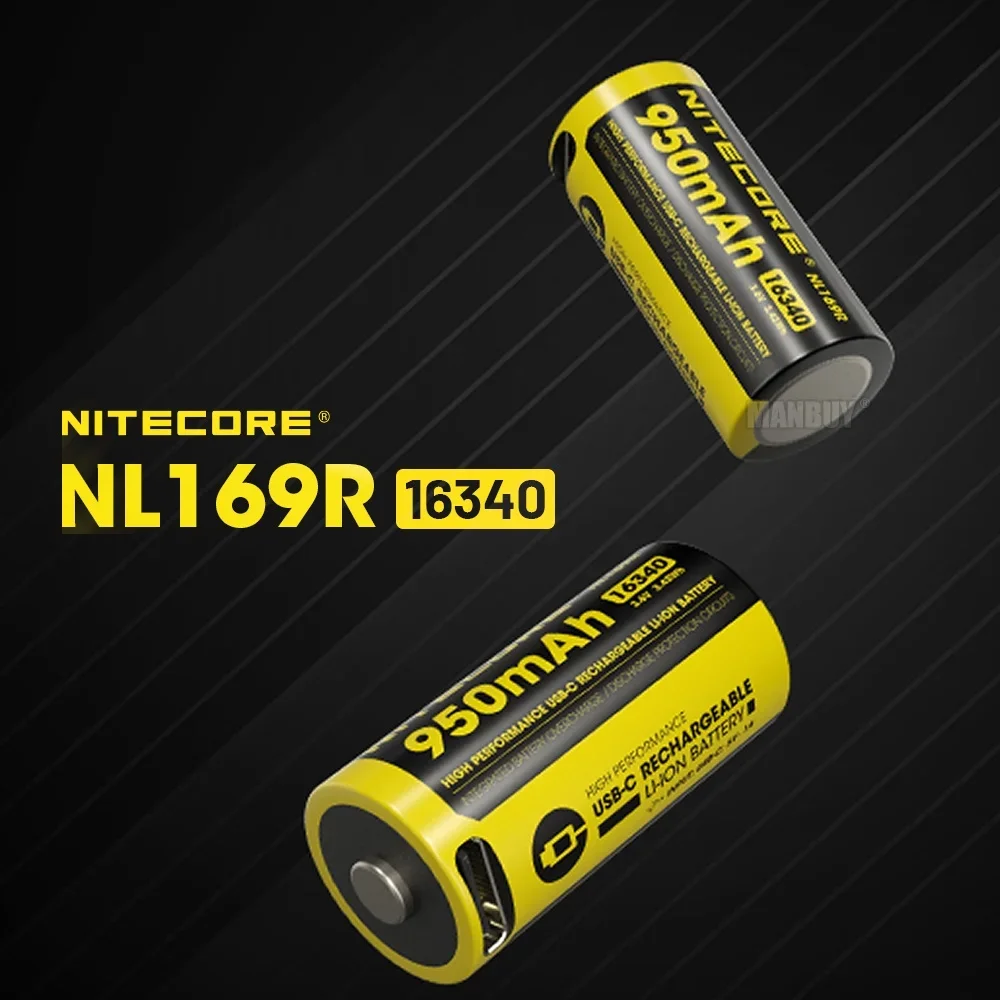 Original Nitecore NL169R 950mAh 3.6V 3.42Wh 16340 USB-C Charging Port Rechargeable Li-ion Battery x2 Pieces with Free Flashlight