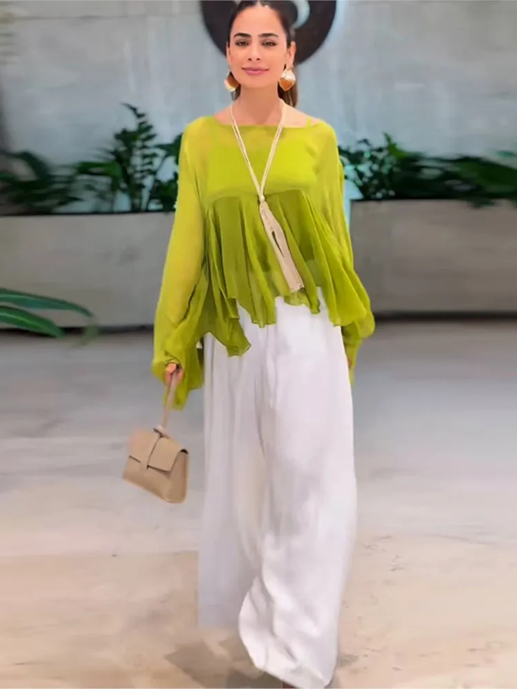 جديد الخريف غير النظامية بشق شال + السراويل قطعتين مجموعة المرأة موضة الصلبة فضفاضة طويلة الأكمام بلوزات واسعة الساق السراويل 2 قطعة مجموعة