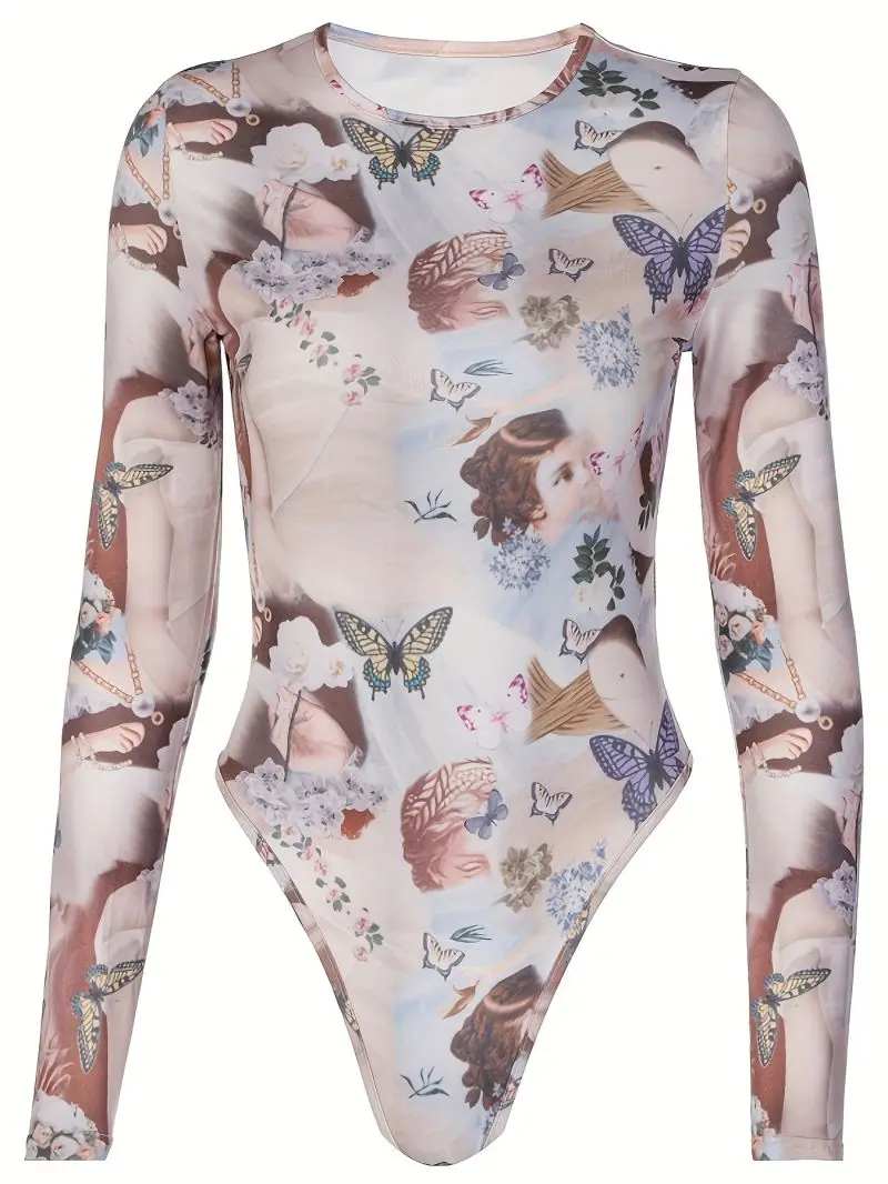 European and American women's autumn and winter temperament top butterfly print round neck long sleeved jumpsuit