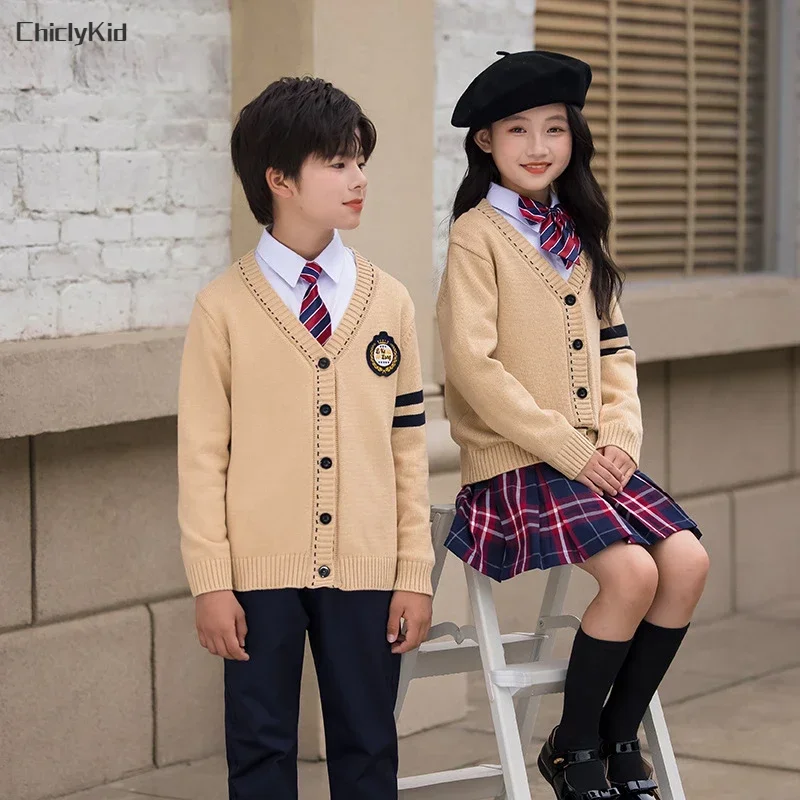 Children School Uniform Girls British Knitted Cardigan Plaid Skirts Pants Boys Formal Dress Suits Kids Student Clothes Class Set