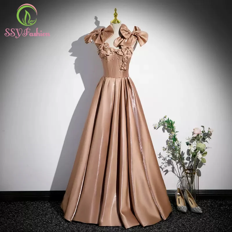 

SSYFashion New Banquet Elegant Satin Evening Dress Sweet Pearls Bow A-line Party Formal Gowns for Women Vestido De Festa