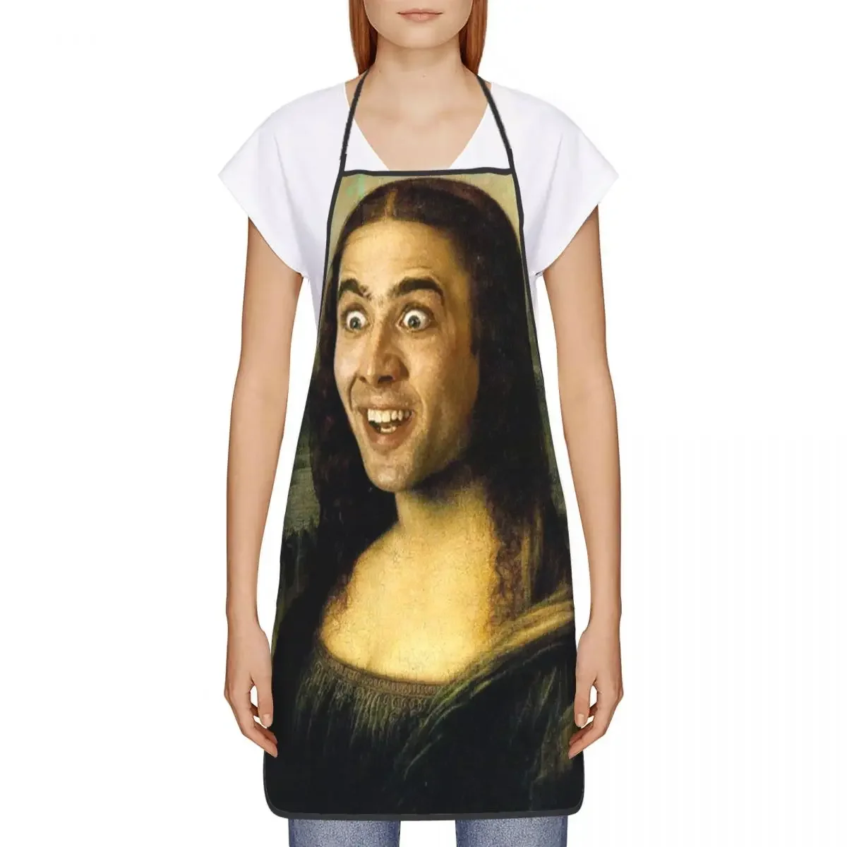 Custom Bib Nicolas Cage Mona Lisa Funny Meme Aprons Men Women Unisex Adult Chef Kitchen Cooking Tablier Cuisine Baking