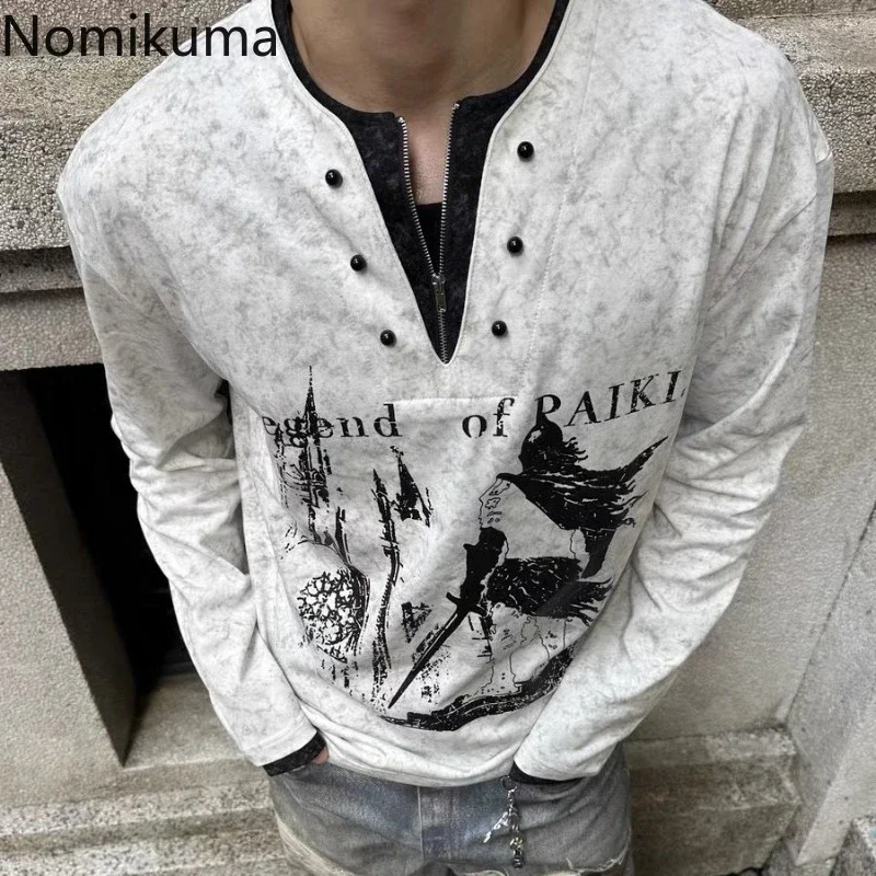 

Streetwear BF Woman T Shirts Fake Two Tops Long Sleeve V-neck Casual Tees 2025 Ropa Mujer Casual Chic Print Harajuku Y2k Tshirt