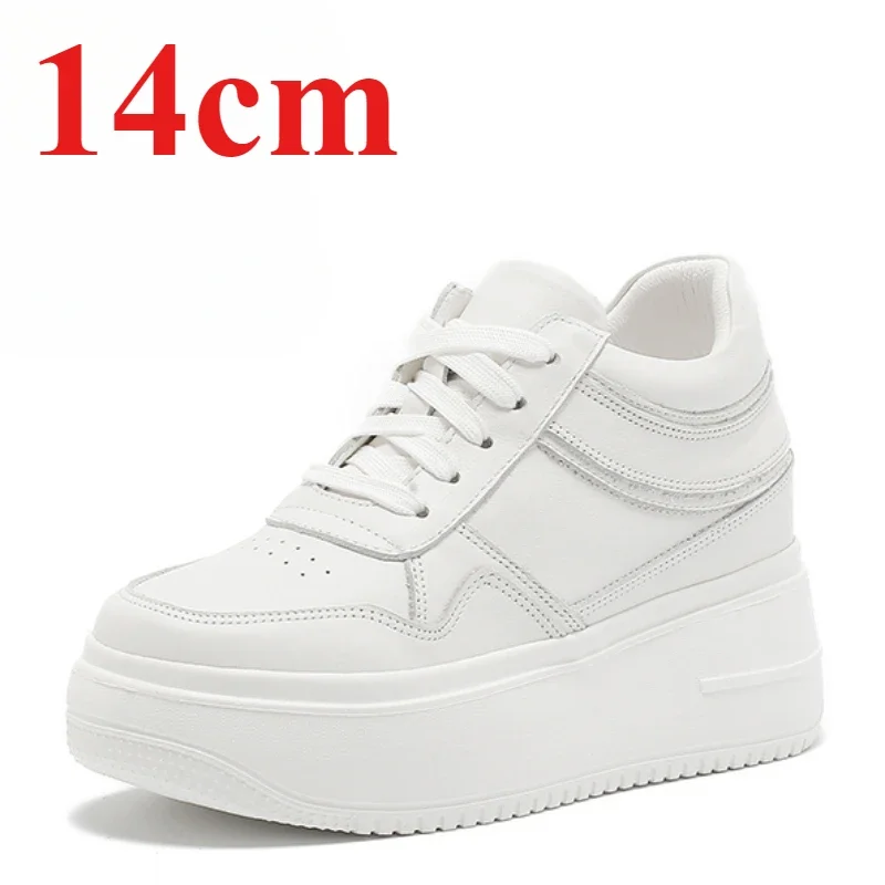 Sapatos de skate branco de couro genuíno para mulher invisível altura crescente 12cm fundo ultra leve casual moda sapatos elevados