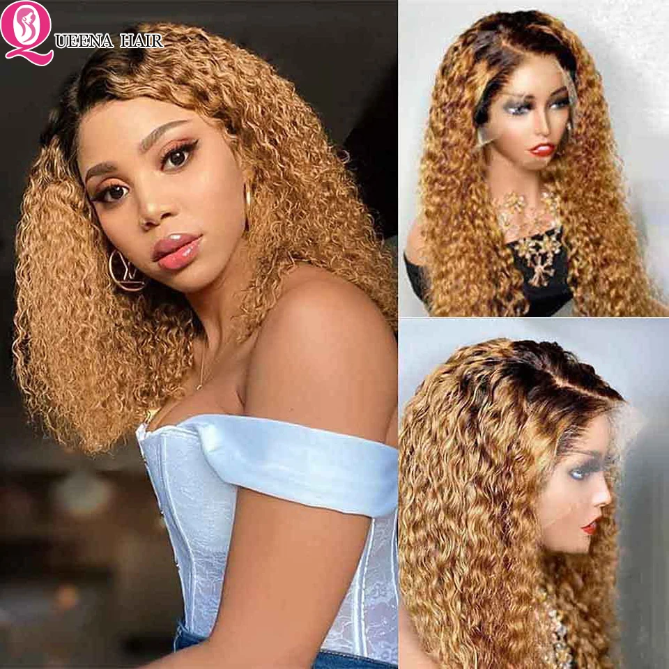 Peruca dianteira do laço encaracolado para mulheres negras, mel loiro, perucas dianteiras transparentes do laço, cabelo remy peruano, ombre, 180%