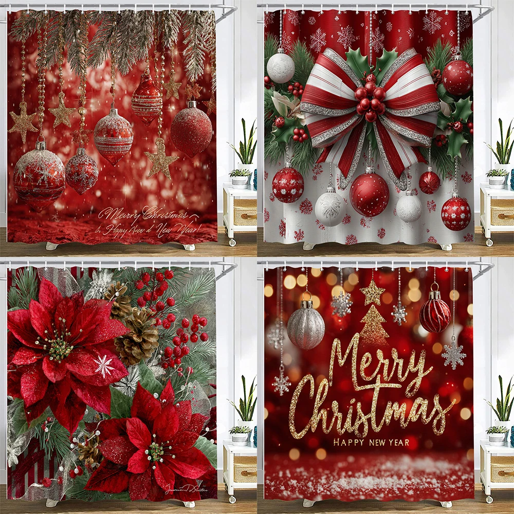 

Merry Christmas Shower Curtain Christmas hanging ball snowflake holiday Bathroom Curtains Printed fabric home Decor Curtain