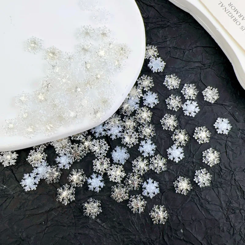 30pcs New Year Nails Decoration Christmas Fine Glitter White Snowflake Nail Art Accessories DIY Flat Back Resin Nail Charm Parts